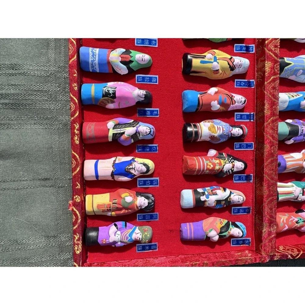 Vintage 56 Chinese Ethnic Groups Clay Women Figurines Complete Brocade Box Set